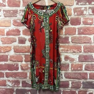 ECI New York Dress Womens 14 Red Multicolor Boho Floral Beaded Stretchy Sundress